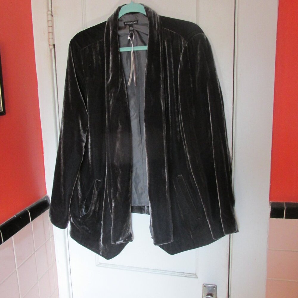 NWT XL Eileen Fisher Angled Velvet Jacket Charcoal Rayon Silk Pockets Open Front